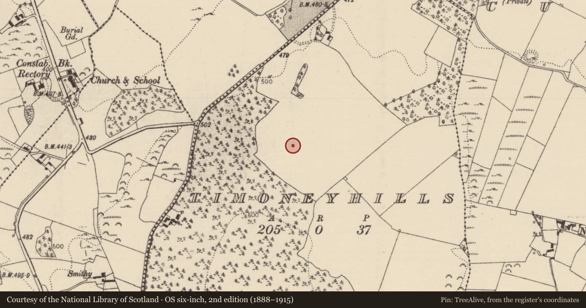 Ordnance Survey six-inch map, 2nd edition (1888–1915) covering the location of Standing stone, Timoney Hills, County Tipperary North, with a pin at the register's coordinates