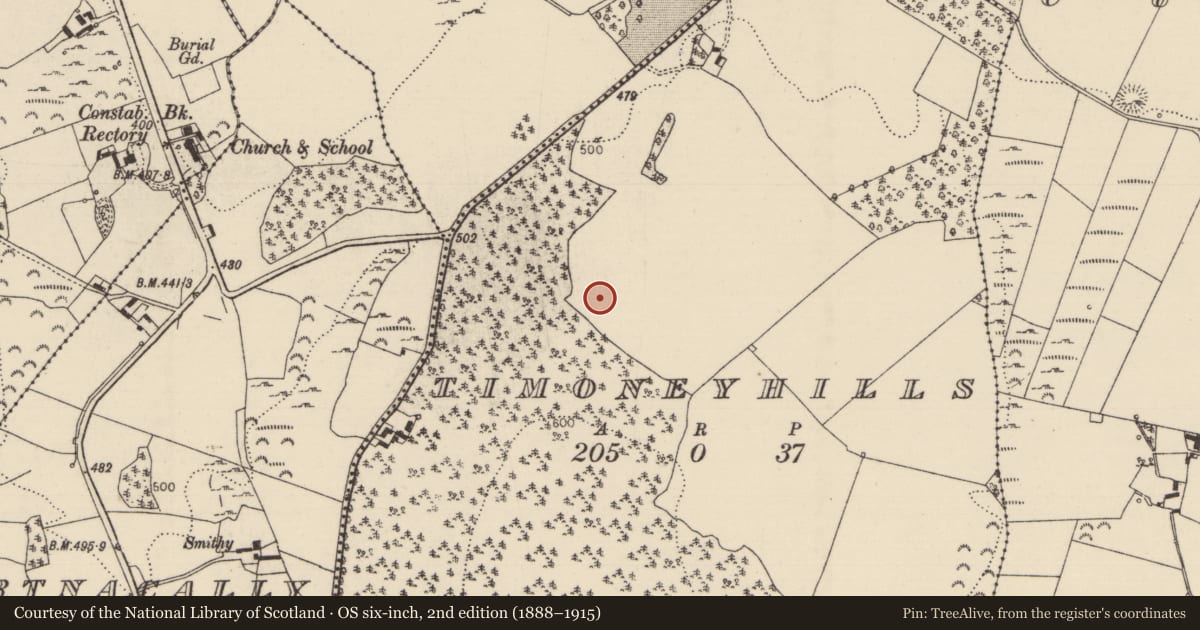 Ordnance Survey six-inch map, 2nd edition (1888–1915) covering the location of Standing stone, Timoney Hills, County Tipperary North, with a pin at the register's coordinates