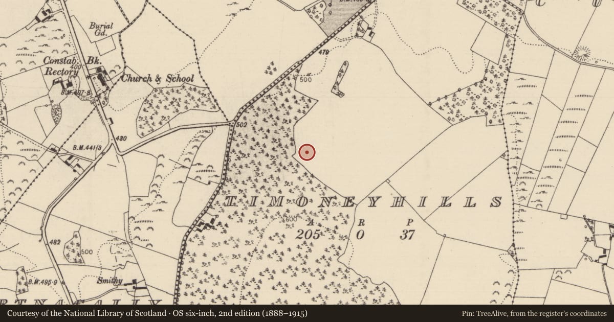 Ordnance Survey six-inch map, 2nd edition (1888–1915) covering the location of Standing stone, Timoney Hills, County Tipperary North, with a pin at the register's coordinates