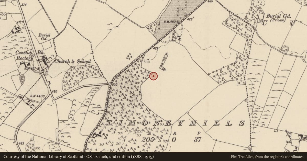 Ordnance Survey six-inch map, 2nd edition (1888–1915) covering the location of Standing stone, Timoney Hills, County Tipperary North, with a pin at the register's coordinates