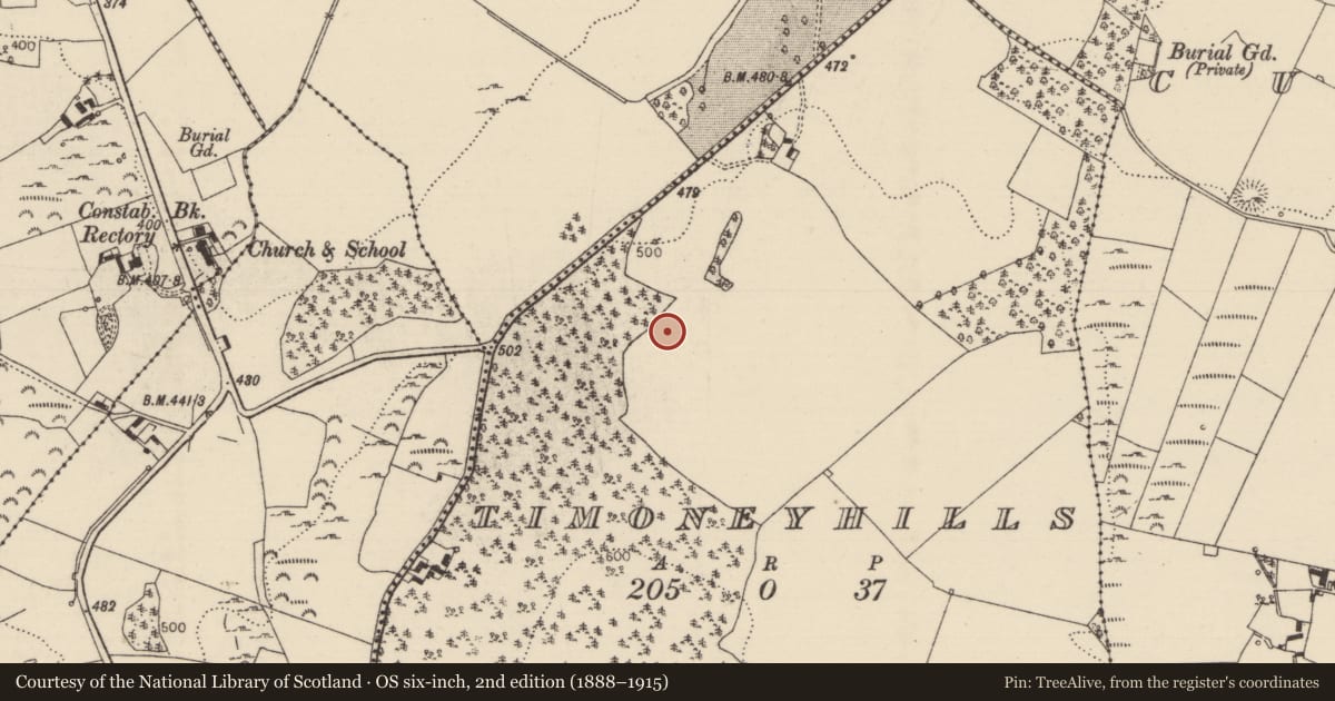 Ordnance Survey six-inch map, 2nd edition (1888–1915) covering the location of Standing stone, Timoney Hills, County Tipperary North, with a pin at the register's coordinates