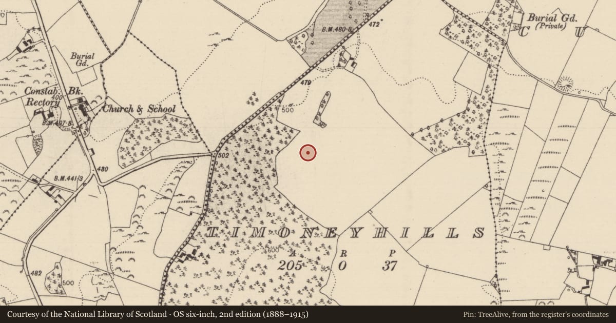 Ordnance Survey six-inch map, 2nd edition (1888–1915) covering the location of Standing stone, Timoney Hills, County Tipperary North, with a pin at the register's coordinates
