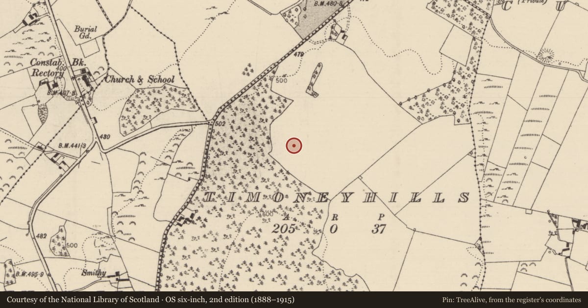 Ordnance Survey six-inch map, 2nd edition (1888–1915) covering the location of Standing stone, Timoney Hills, County Tipperary North, with a pin at the register's coordinates
