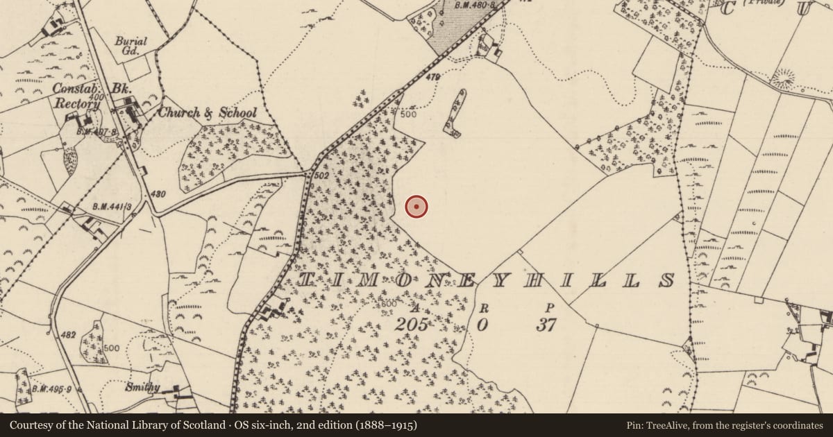 Ordnance Survey six-inch map, 2nd edition (1888–1915) covering the location of Standing stone, Timoney Hills, County Tipperary North, with a pin at the register's coordinates