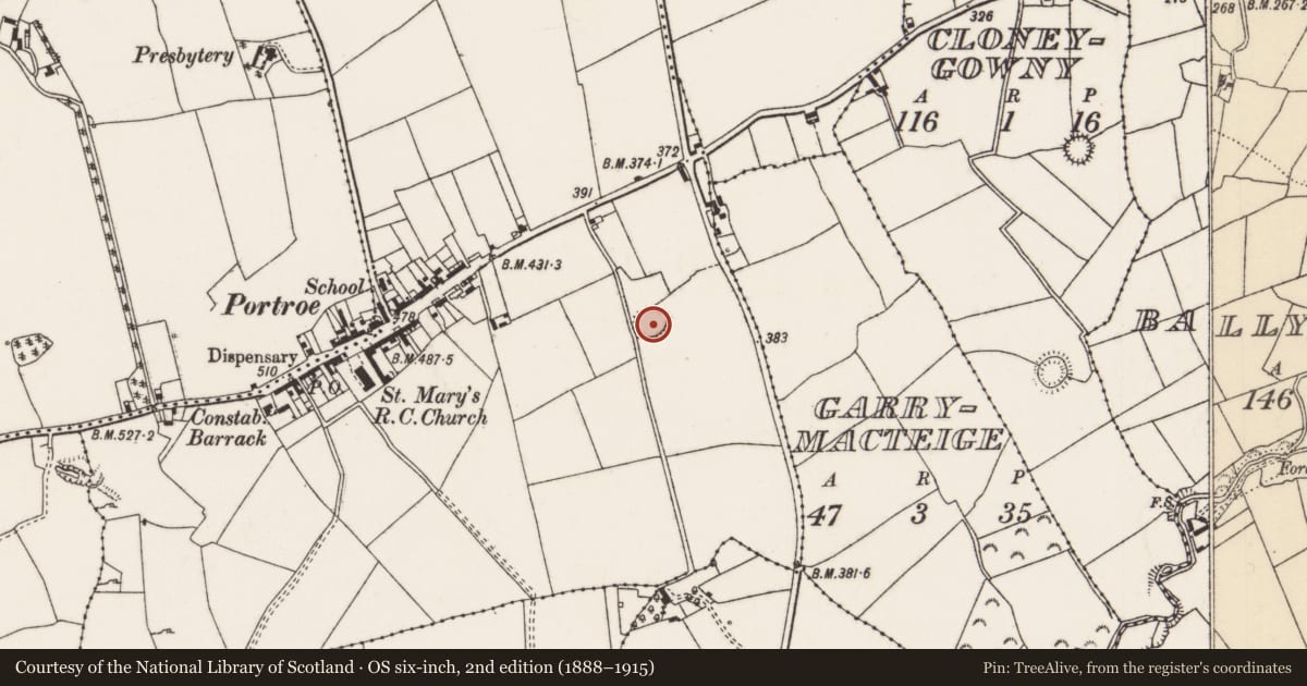 Ordnance Survey six-inch map, 2nd edition (1888–1915) covering the location of Ringfort - rath, Garrykennedy, County Tipperary North, with a pin at the register's coordinates