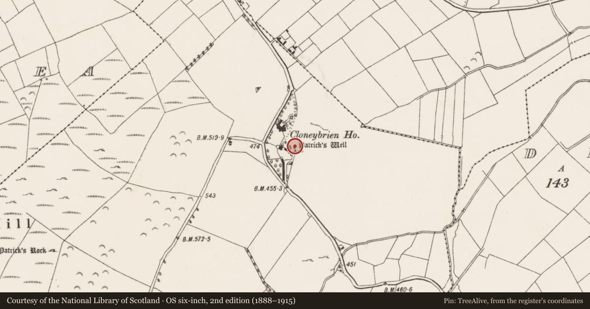 Ordnance Survey six-inch map, 2nd edition (1888–1915) covering the location of Ritual site - holy well, Cloneybrien, County Tipperary North, with a pin at the register's coordinates