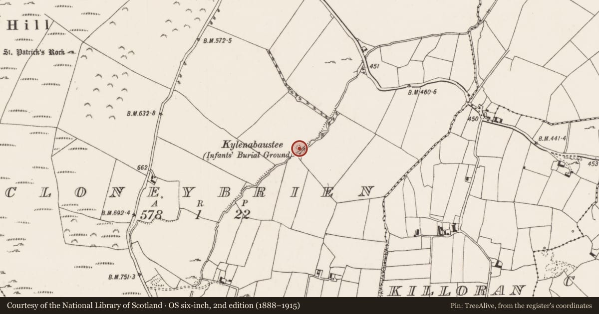 Ordnance Survey six-inch map, 2nd edition (1888–1915) covering the location of Children's burial ground, Cloneybrien, County Tipperary North, with a pin at the register's coordinates