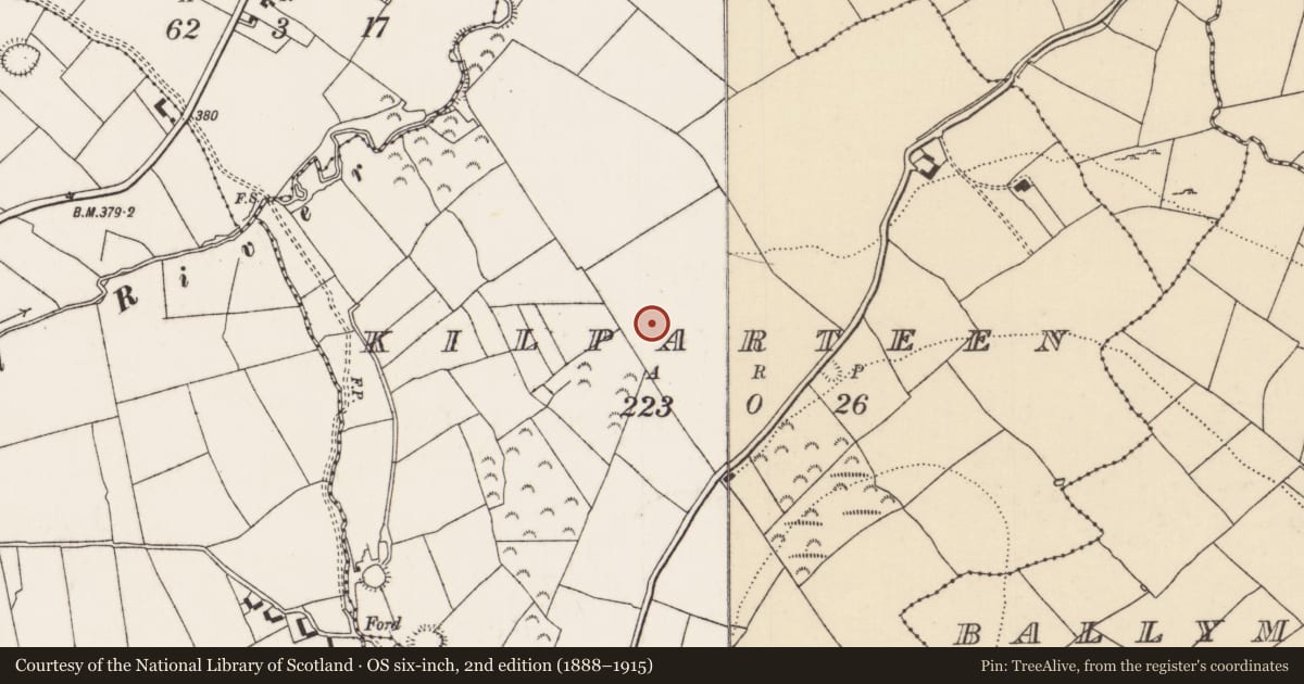 Ordnance Survey six-inch map, 2nd edition (1888–1915) covering the location of Ecclesiastical enclosure, Kilparteen, County Tipperary North, with a pin at the register's coordinates