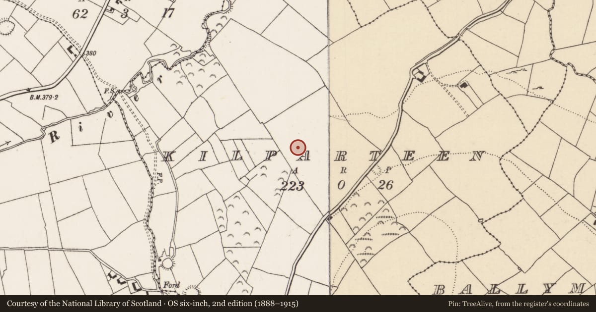 Ordnance Survey six-inch map, 2nd edition (1888–1915) covering the location of Church, Kilparteen, County Tipperary North, with a pin at the register's coordinates