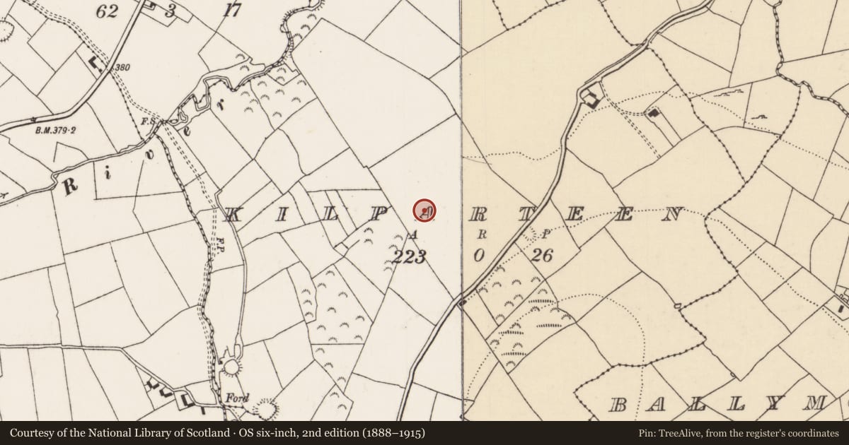 Ordnance Survey six-inch map, 2nd edition (1888–1915) covering the location of Children's burial ground, Kilparteen, County Tipperary North, with a pin at the register's coordinates