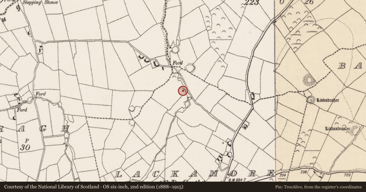 Ordnance Survey six-inch map, 2nd edition (1888–1915) covering the location of Enclosure, Lackamore (Castletownarra Par.), County Tipperary North, with a pin at the register's coordinates