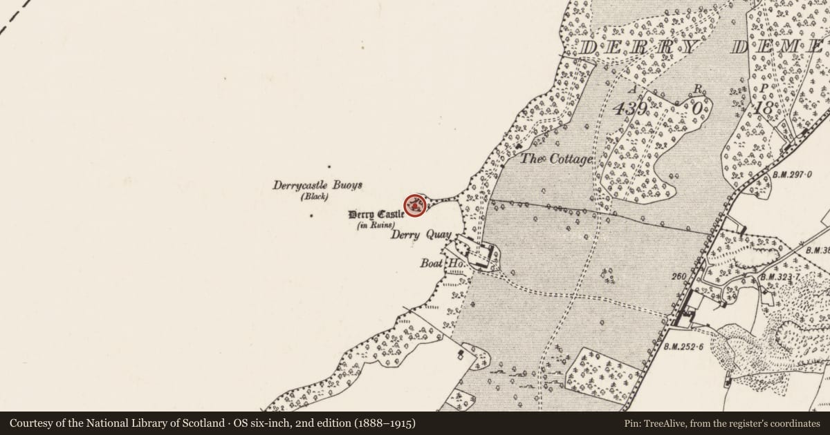 Ordnance Survey six-inch map, 2nd edition (1888–1915) covering the location of Crannog, Derry Demesne, County Tipperary North, with a pin at the register's coordinates