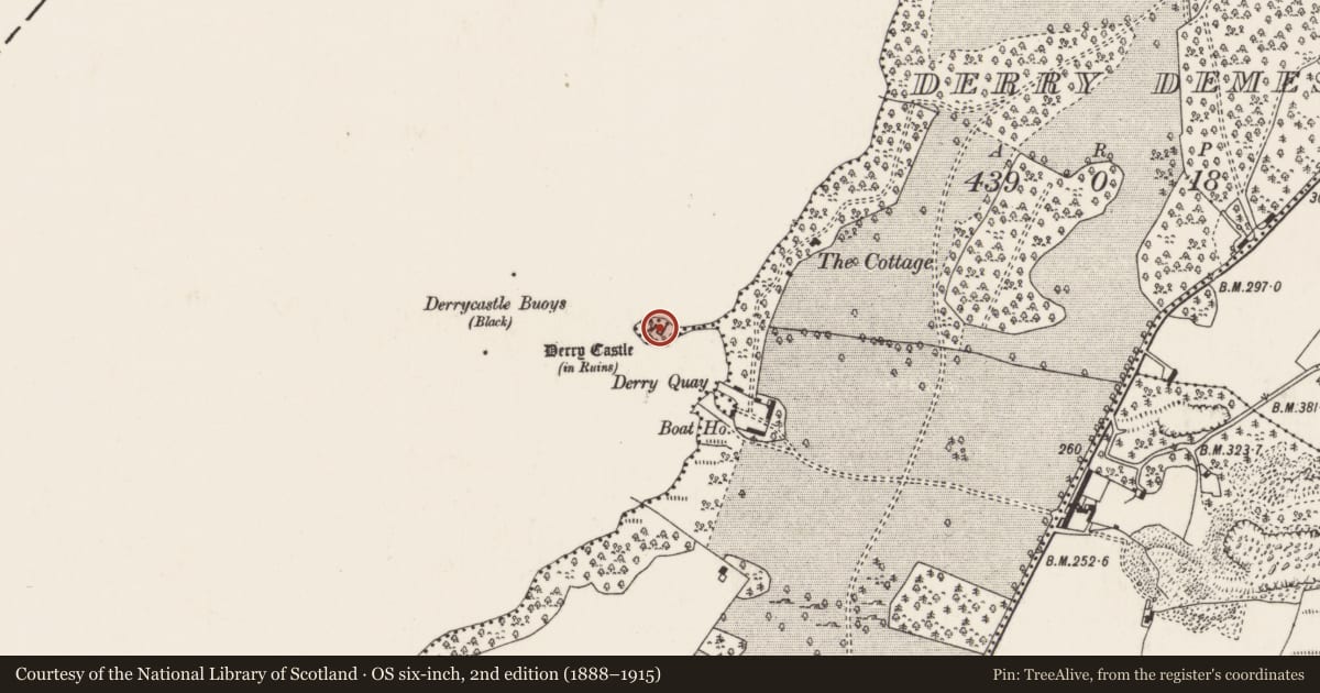 Ordnance Survey six-inch map, 2nd edition (1888–1915) covering the location of Ringfort - cashel, Derry Demesne, County Tipperary North, with a pin at the register's coordinates