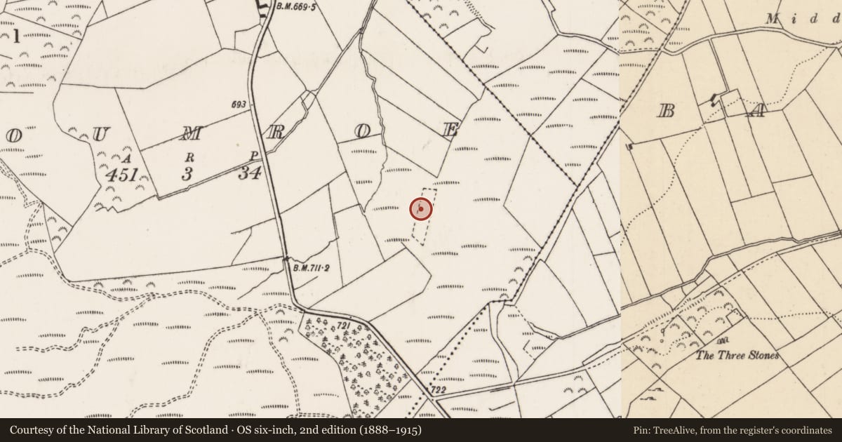 Ordnance Survey six-inch map, 2nd edition (1888–1915) covering the location of Standing stone, Coumroe, County Tipperary North, with a pin at the register's coordinates