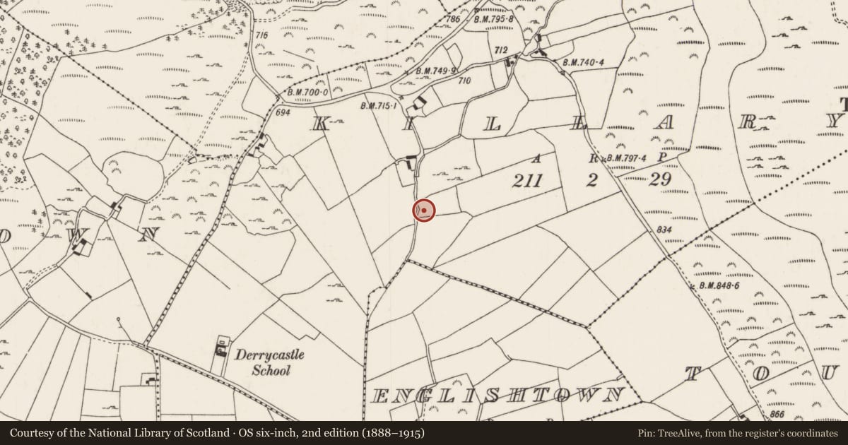 Ordnance Survey six-inch map, 2nd edition (1888–1915) covering the location of Mass-rock, Killary, County Tipperary North, with a pin at the register's coordinates