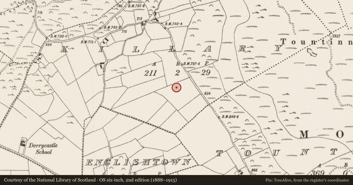 Ordnance Survey six-inch map, 2nd edition (1888–1915) covering the location of Fulacht fia, Killary, County Tipperary North, with a pin at the register's coordinates