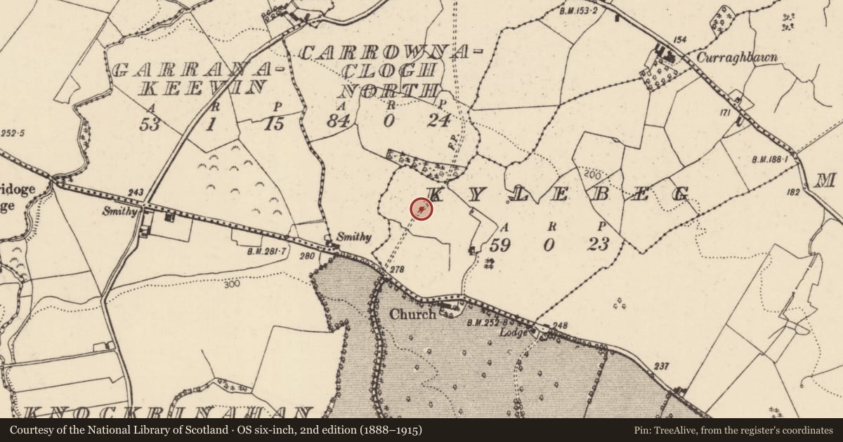 Ordnance Survey six-inch map, 2nd edition (1888–1915) covering the location of Ringfort - unclassified, Kylebeg (Youghalarra Par.), County Tipperary North, with a pin at the register's coordinates