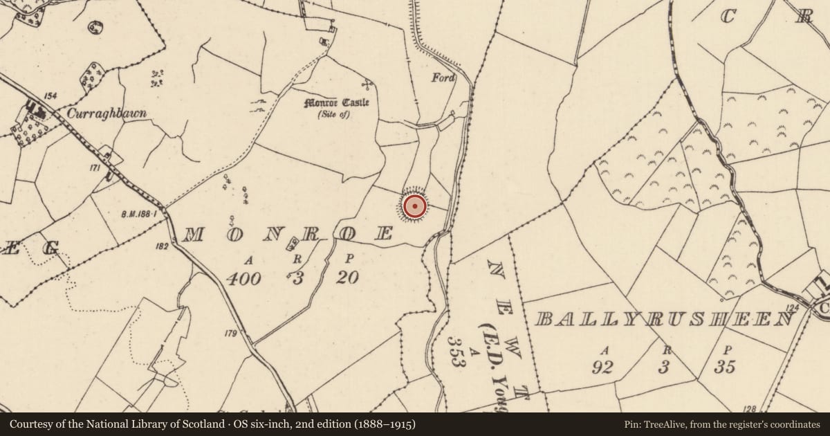 Ordnance Survey six-inch map, 2nd edition (1888–1915) covering the location of Ringfort - rath, Monroe (Youghalarra Par.), County Tipperary North, with a pin at the register's coordinates