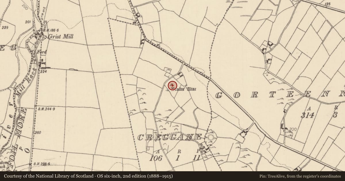 Ordnance Survey six-inch map, 2nd edition (1888–1915) covering the location of Megalithic tomb - portal tomb, Creggane, County Tipperary North, with a pin at the register's coordinates
