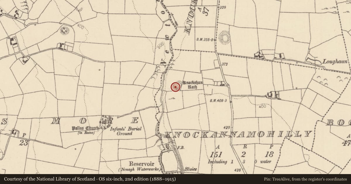 Ordnance Survey six-inch map, 2nd edition (1888–1915) covering the location of Ringfort - rath, Knockannamohilly, County Tipperary North, with a pin at the register's coordinates