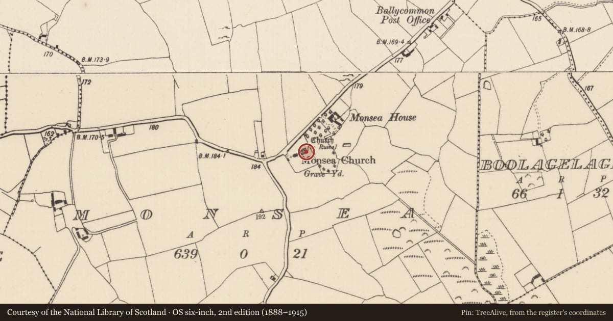 Ordnance Survey six-inch map, 2nd edition (1888–1915) covering the location of Church, Monsea, County Tipperary North, with a pin at the register's coordinates
