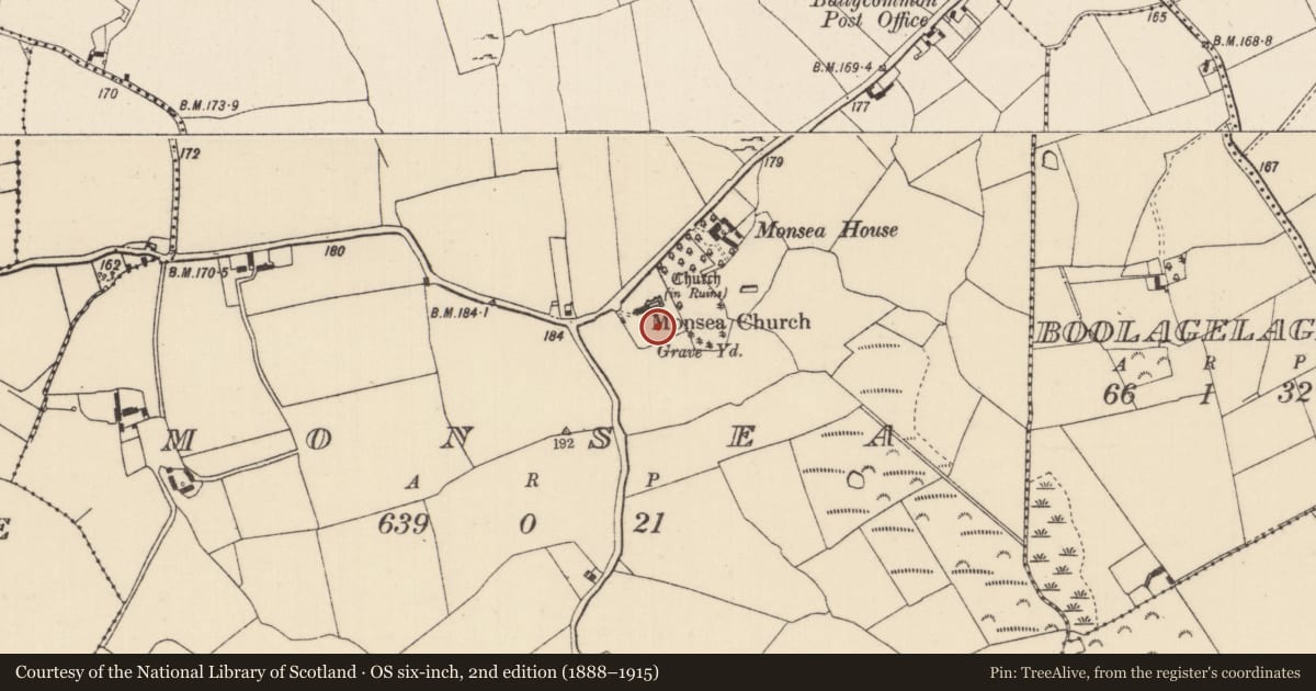 Ordnance Survey six-inch map, 2nd edition (1888–1915) covering the location of Graveyard, Monsea, County Tipperary North, with a pin at the register's coordinates