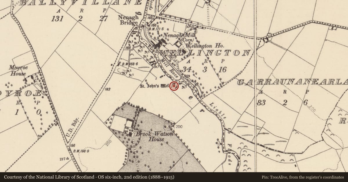 Ordnance Survey six-inch map, 2nd edition (1888–1915) covering the location of Ritual site - holy well, Nenagh North, County Tipperary North, with a pin at the register's coordinates
