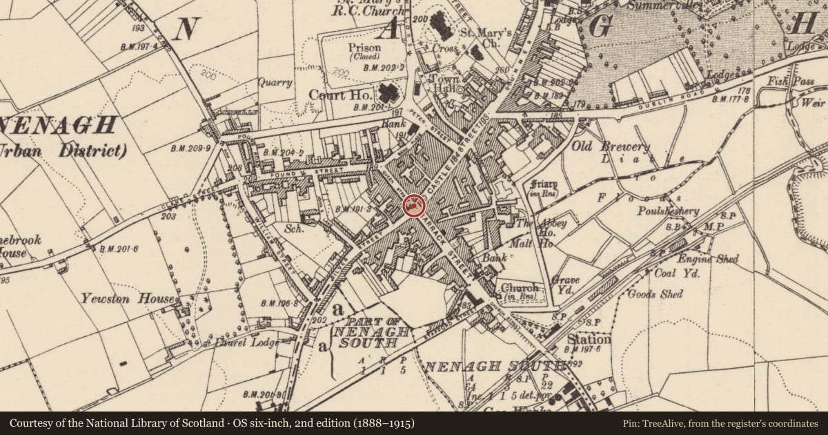 Ordnance Survey six-inch map, 2nd edition (1888–1915) covering the location of Historic town, Nenagh North, Nenagh South, County Tipperary North, with a pin at the register's coordinates