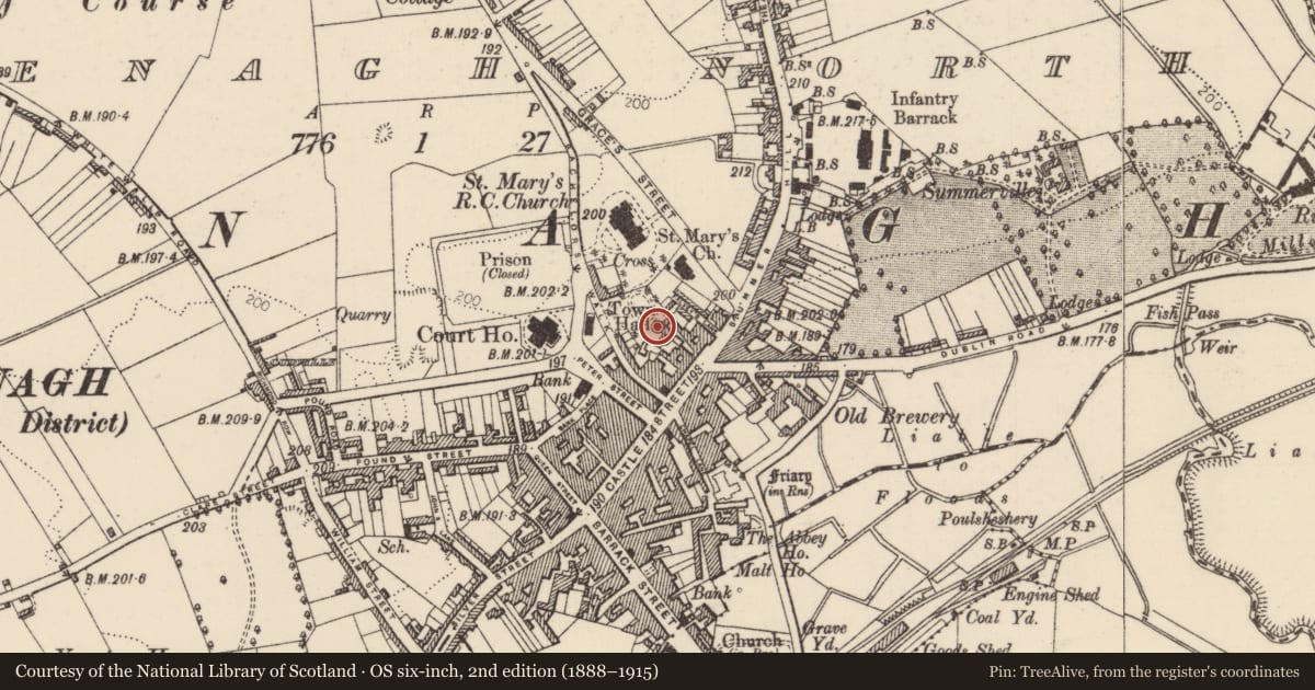 Ordnance Survey six-inch map, 2nd edition (1888–1915) covering the location of Castle - Anglo-Norman masonry castle, Nenagh North, County Tipperary North, with a pin at the register's coordinates
