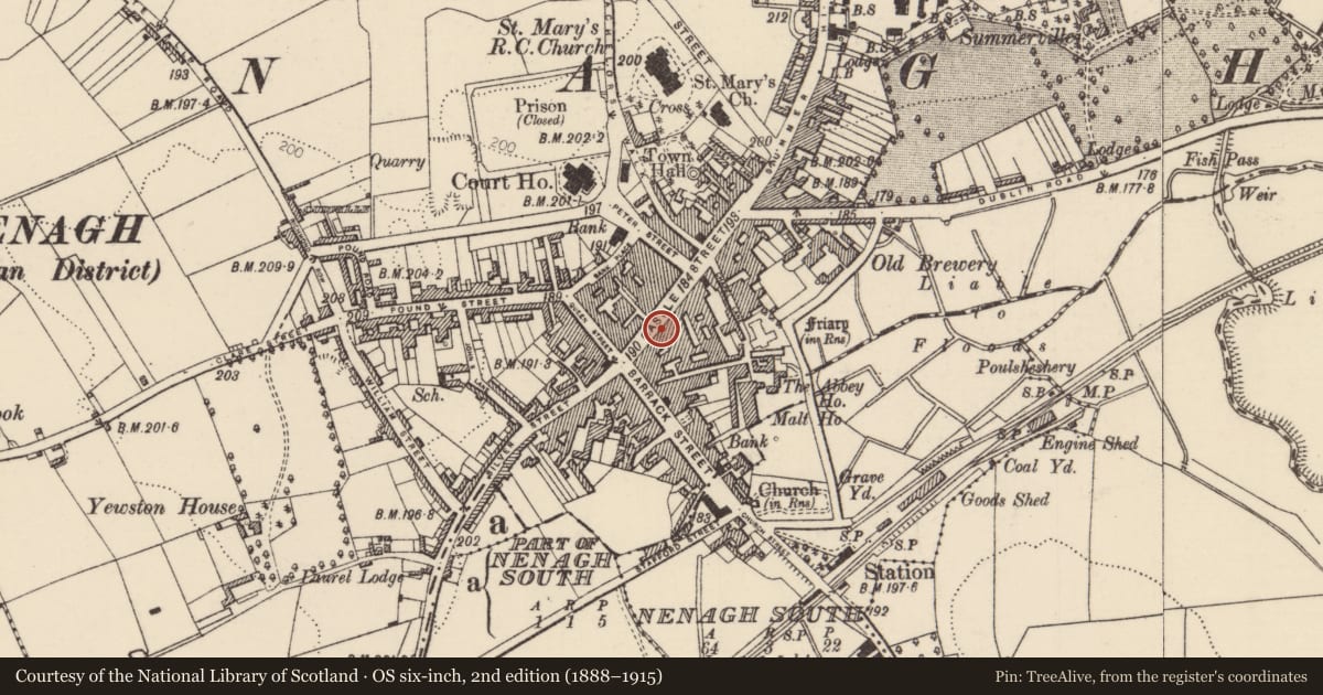 Ordnance Survey six-inch map, 2nd edition (1888–1915) covering the location of Prison, Nenagh North, County Tipperary North, with a pin at the register's coordinates