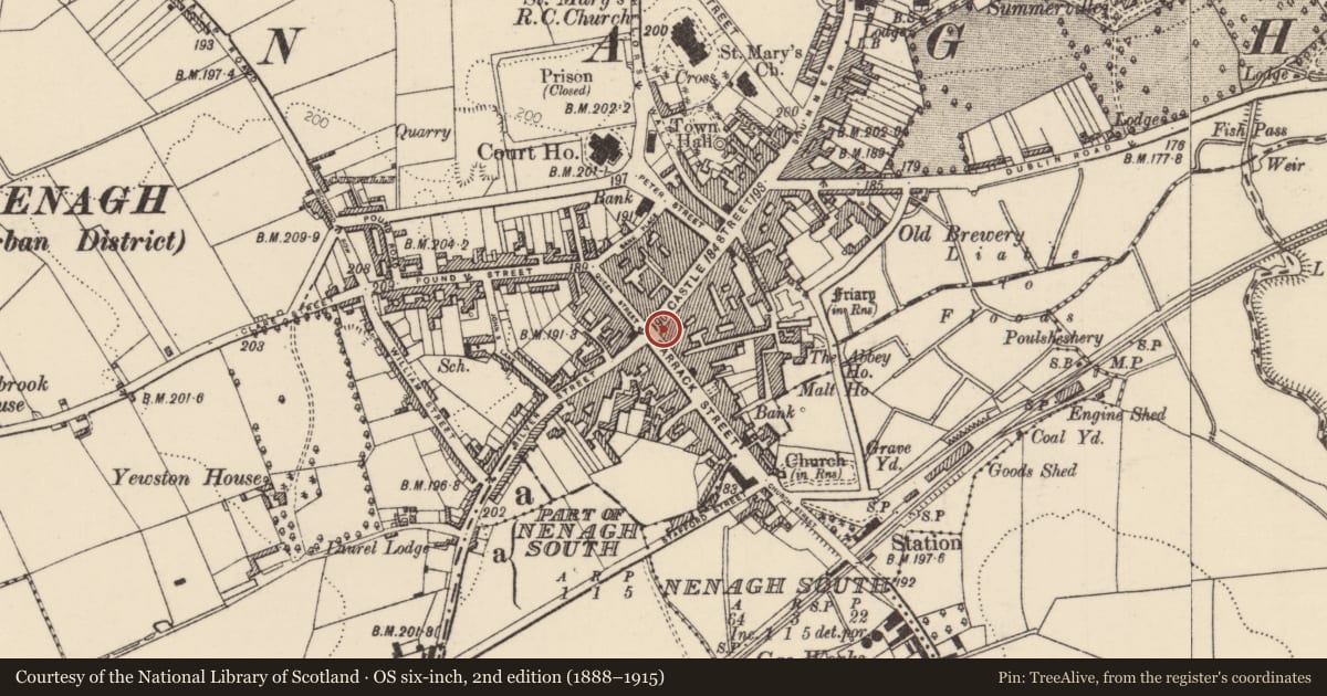 Ordnance Survey six-inch map, 2nd edition (1888–1915) covering the location of Market-house, Nenagh North, County Tipperary North, with a pin at the register's coordinates