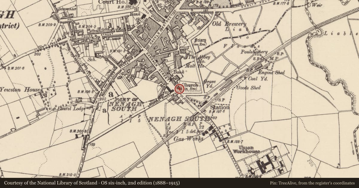 Ordnance Survey six-inch map, 2nd edition (1888–1915) covering the location of Church, Nenagh North, County Tipperary North, with a pin at the register's coordinates