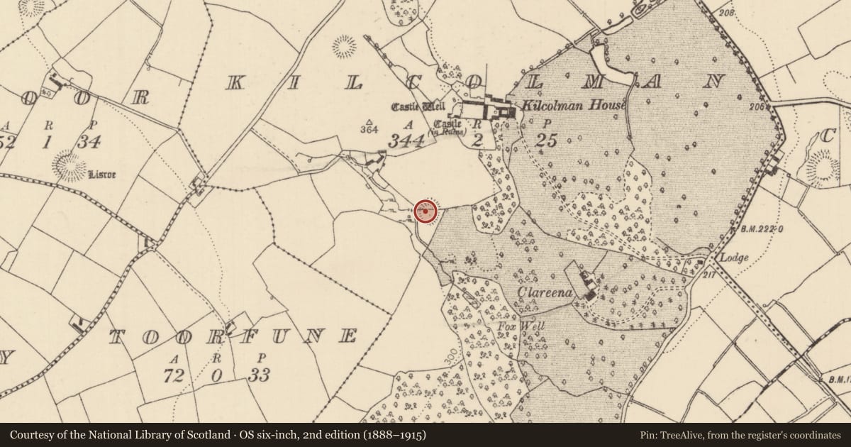 Ordnance Survey six-inch map, 2nd edition (1888–1915) covering the location of Ringfort - rath, Kilcolman (Burgesbeg Par.), County Tipperary North, with a pin at the register's coordinates
