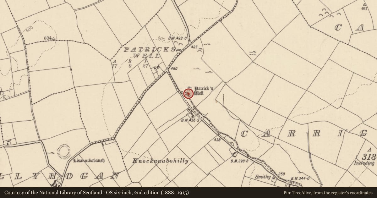 Ordnance Survey six-inch map, 2nd edition (1888–1915) covering the location of Ritual site - holy well, Carrigatogher (Abbott), Carrigatogher (Harding), County Tipperary North, with a pin at the register's coordinates