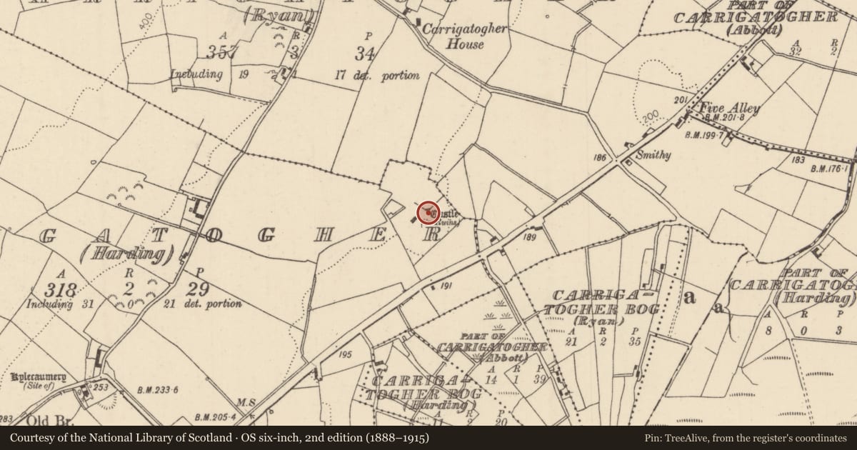 Ordnance Survey six-inch map, 2nd edition (1888–1915) covering the location of Castle - tower house, Carrigatogher (Harding), County Tipperary North, with a pin at the register's coordinates