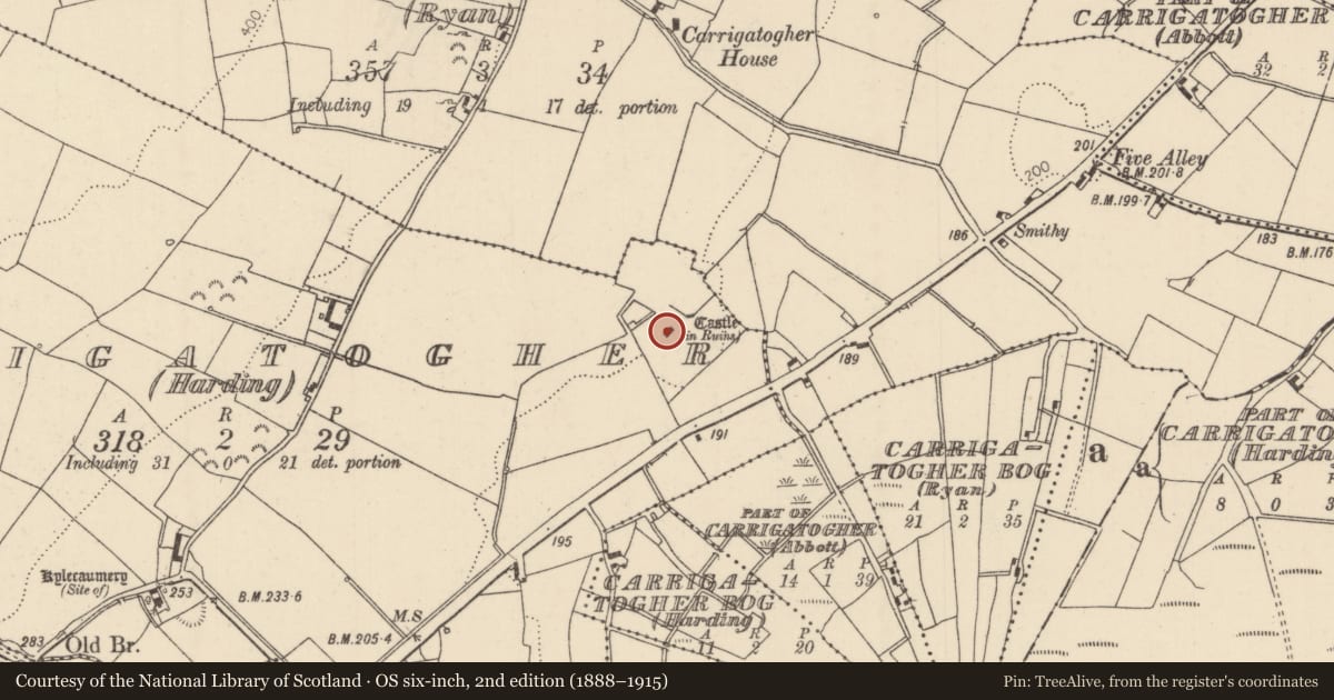 Ordnance Survey six-inch map, 2nd edition (1888–1915) covering the location of Bawn, Carrigatogher (Harding), County Tipperary North, with a pin at the register's coordinates