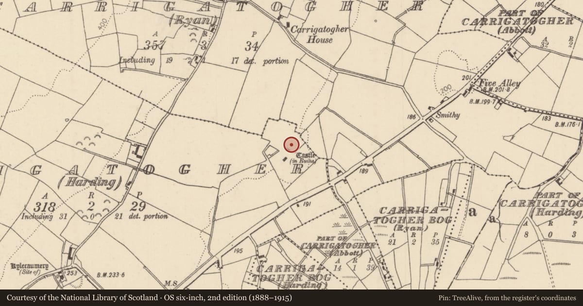 Ordnance Survey six-inch map, 2nd edition (1888–1915) covering the location of House - indeterminate date, Carrigatogher (Harding), County Tipperary North, with a pin at the register's coordinates