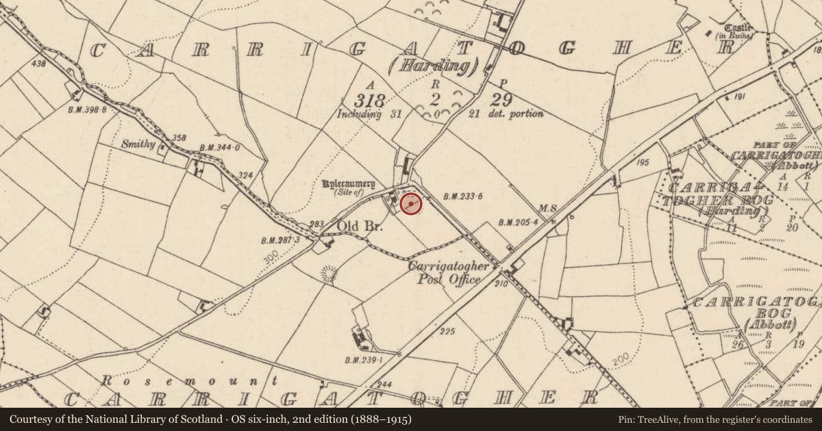Ordnance Survey six-inch map, 2nd edition (1888–1915) covering the location of Children's burial ground, Carrigatogher (Harding), County Tipperary North, with a pin at the register's coordinates