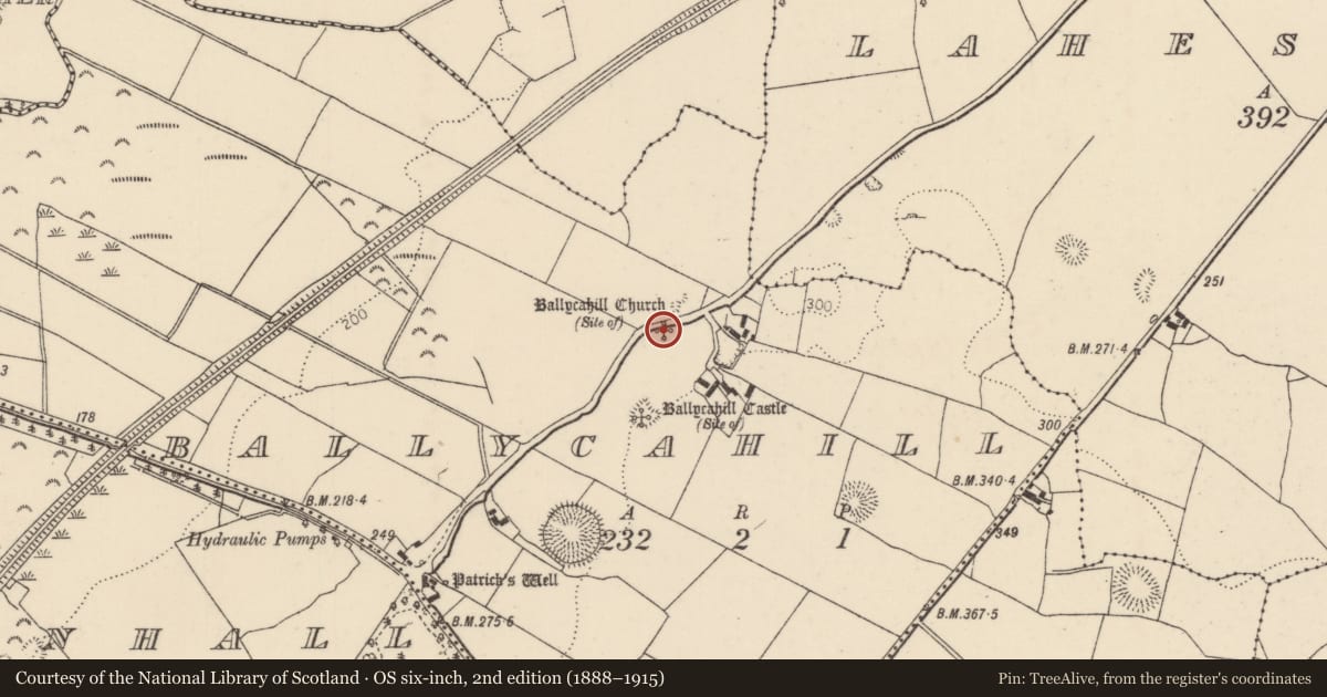 Ordnance Survey six-inch map, 2nd edition (1888–1915) covering the location of Church, Ballycahill (Kilmore Par., North Riding), County Tipperary North, with a pin at the register's coordinates