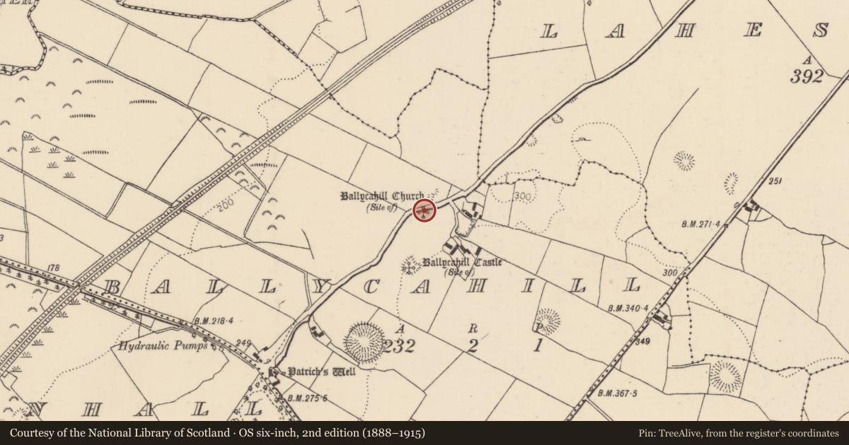 Ordnance Survey six-inch map, 2nd edition (1888–1915) covering the location of Graveyard, Ballycahill (Kilmore Par., North Riding), County Tipperary North, with a pin at the register's coordinates