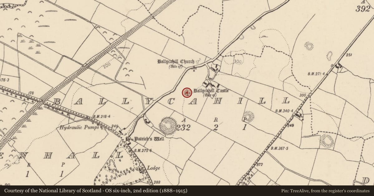 Ordnance Survey six-inch map, 2nd edition (1888–1915) covering the location of Castle - unclassified, Ballycahill (Kilmore Par., North Riding), County Tipperary North, with a pin at the register's coordinates