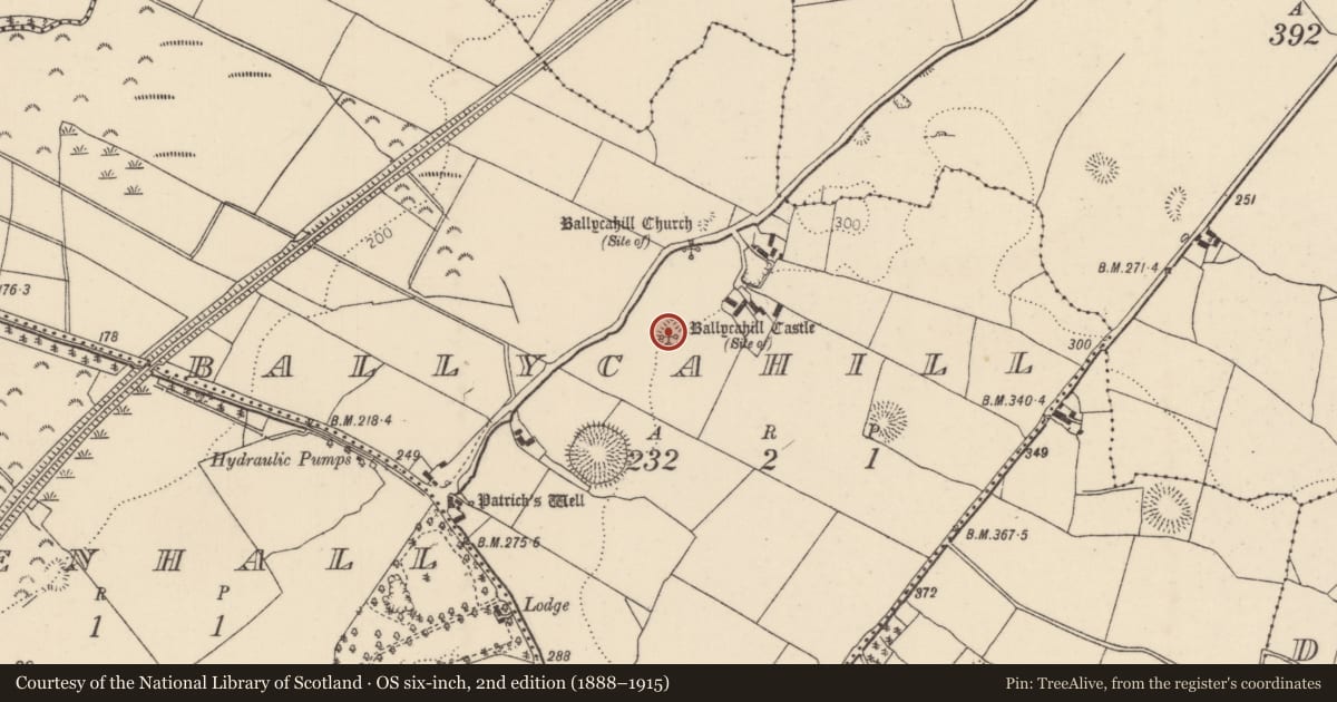 Ordnance Survey six-inch map, 2nd edition (1888–1915) covering the location of Castle - motte, Ballycahill (Kilmore Par., North Riding), County Tipperary North, with a pin at the register's coordinates
