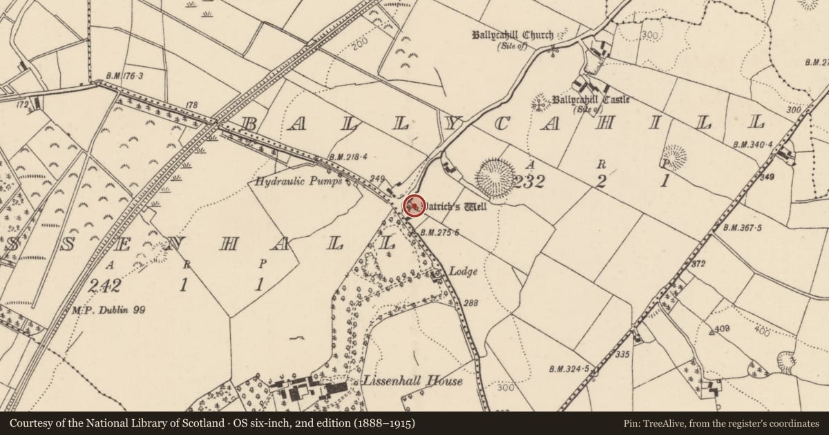 Ordnance Survey six-inch map, 2nd edition (1888–1915) covering the location of Ritual site - holy well, Ballycahill (Kilmore Par., North Riding), County Tipperary North, with a pin at the register's coordinates