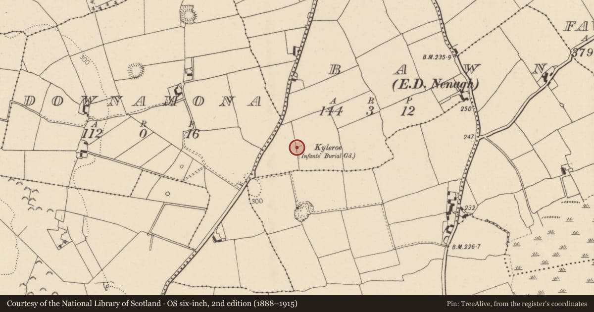 Ordnance Survey six-inch map, 2nd edition (1888–1915) covering the location of Children's burial ground, Bawn (Nenagh Par.), County Tipperary North, with a pin at the register's coordinates