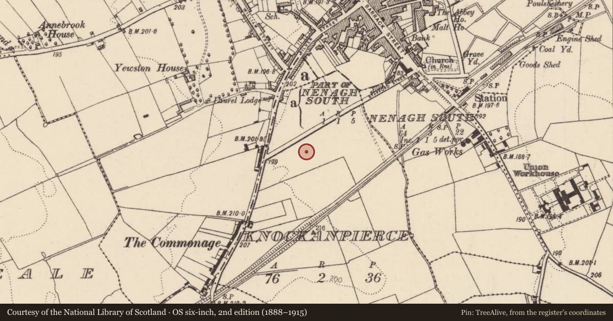 Ordnance Survey six-inch map, 2nd edition (1888–1915) covering the location of Barrow - ring-barrow, Knockanpierce, County Tipperary North, with a pin at the register's coordinates
