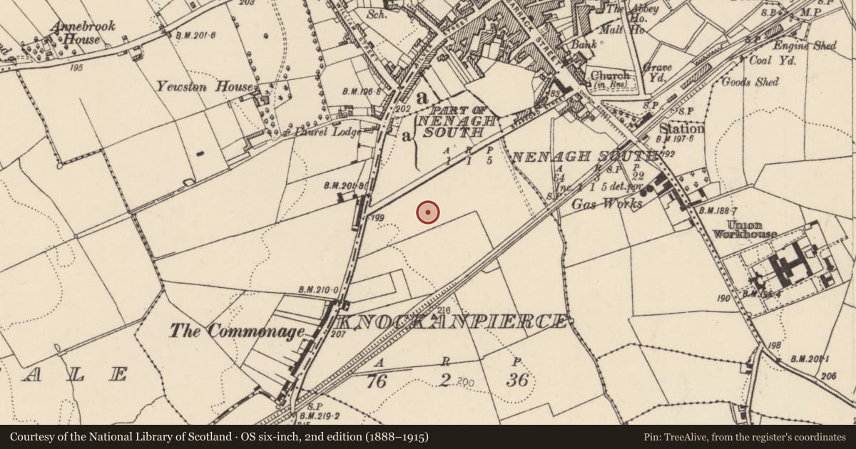 Ordnance Survey six-inch map, 2nd edition (1888–1915) covering the location of Barrow - ring-barrow, Knockanpierce, County Tipperary North, with a pin at the register's coordinates