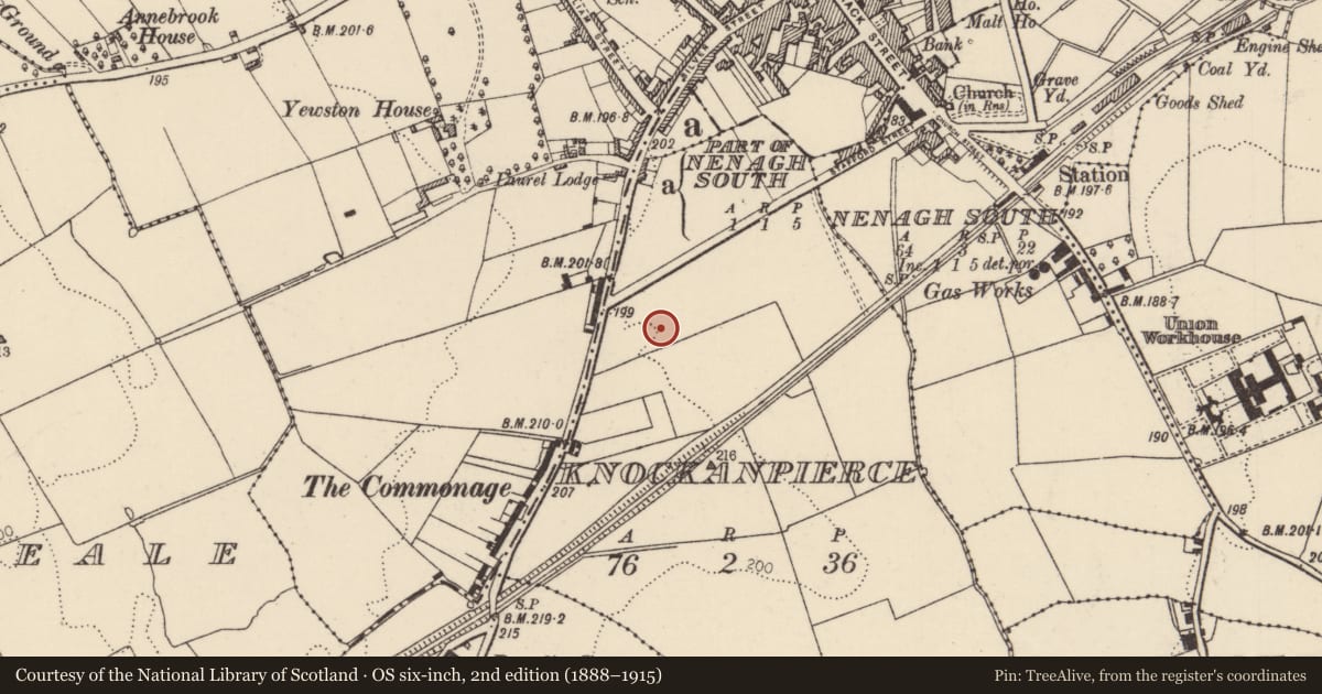 Ordnance Survey six-inch map, 2nd edition (1888–1915) covering the location of Barrow - ring-barrow, Knockanpierce, County Tipperary North, with a pin at the register's coordinates