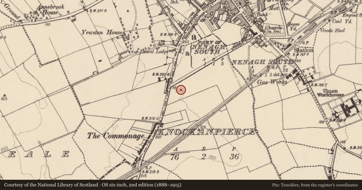 Ordnance Survey six-inch map, 2nd edition (1888–1915) covering the location of Barrow - ring-barrow, Knockanpierce, County Tipperary North, with a pin at the register's coordinates