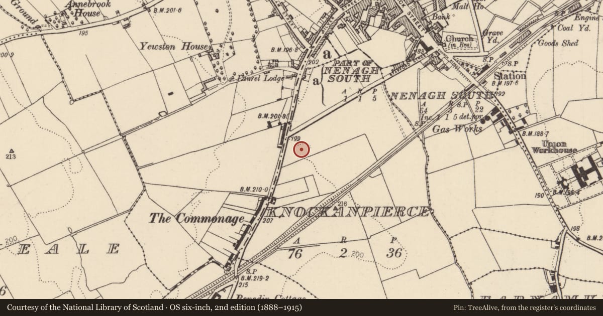 Ordnance Survey six-inch map, 2nd edition (1888–1915) covering the location of Barrow - ring-barrow, Knockanpierce, County Tipperary North, with a pin at the register's coordinates