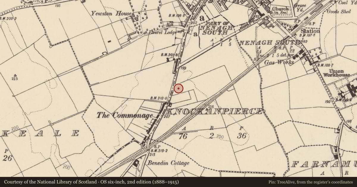 Ordnance Survey six-inch map, 2nd edition (1888–1915) covering the location of Barrow - ring-barrow, Knockanpierce, County Tipperary North, with a pin at the register's coordinates